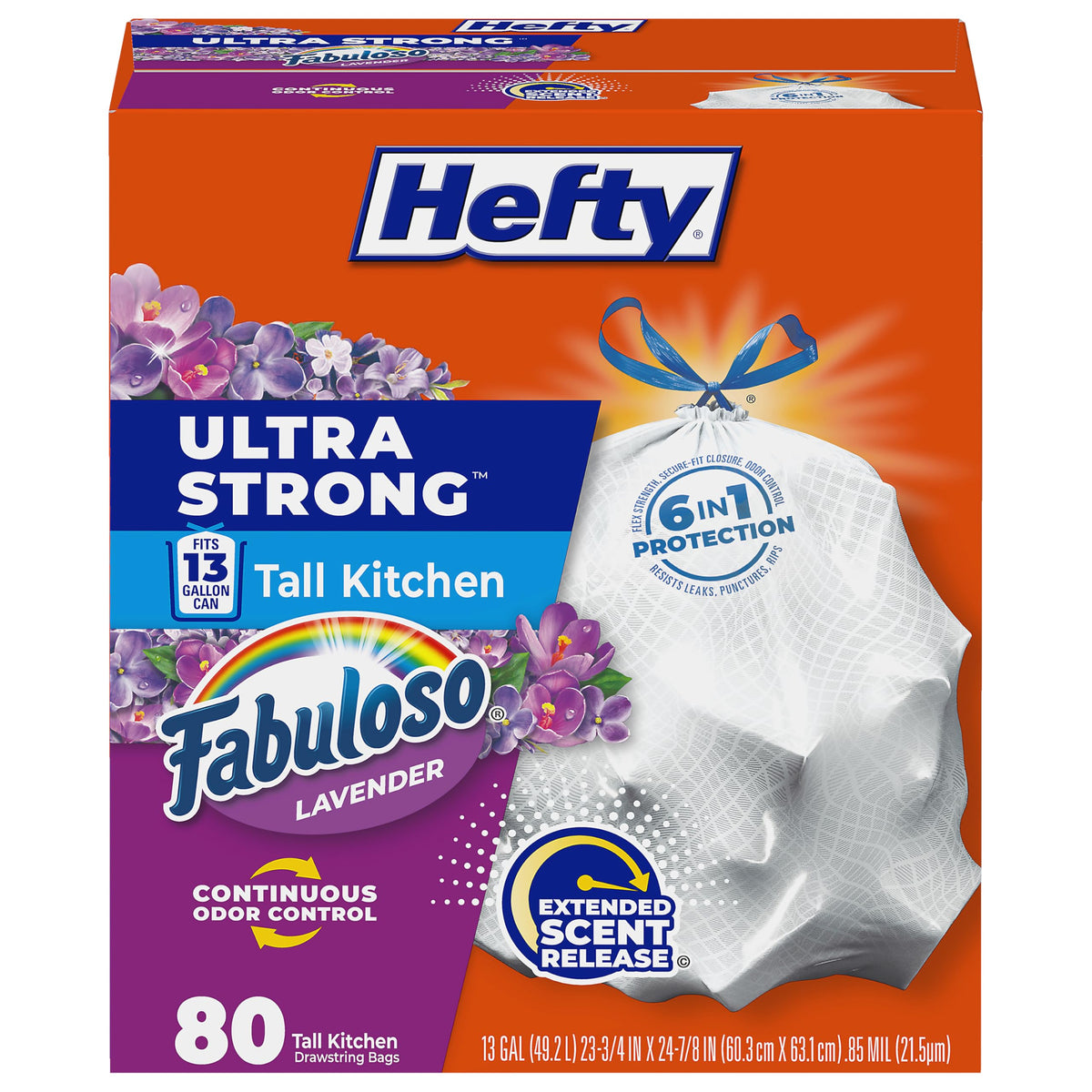 Hefty Ultra Strong 13 Gallon Trash Bags, Tall Kitchen Trash Bags 13 Gallon Size, Resist Leaks, Punctures, and Rips, Continuous Odor Control, White, Fabuloso Lavender Scent, 80 Bags