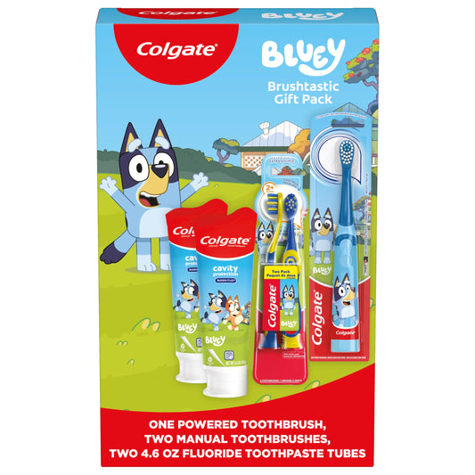 Colgate Kids Bluey Toothbrush and Kids Toothpaste Gift Set, Includes Bluey-Themed Battery Toothbrush, 2 Bubblegum Flavored Fluoride Toothpastes, and 2 Manual Toothbrushes