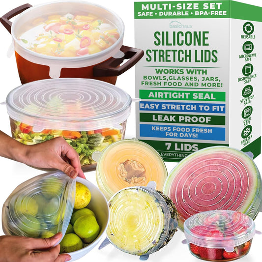 Reusable Silicone Stretch Lids for Food Storage in Fridge - Elastic Heat-Resistant Bowl Covers, Cups, Cans, Jars - Universal Food Grade Lid for Round and Rectangle Containers - Dishwasher Safe -7 Pack