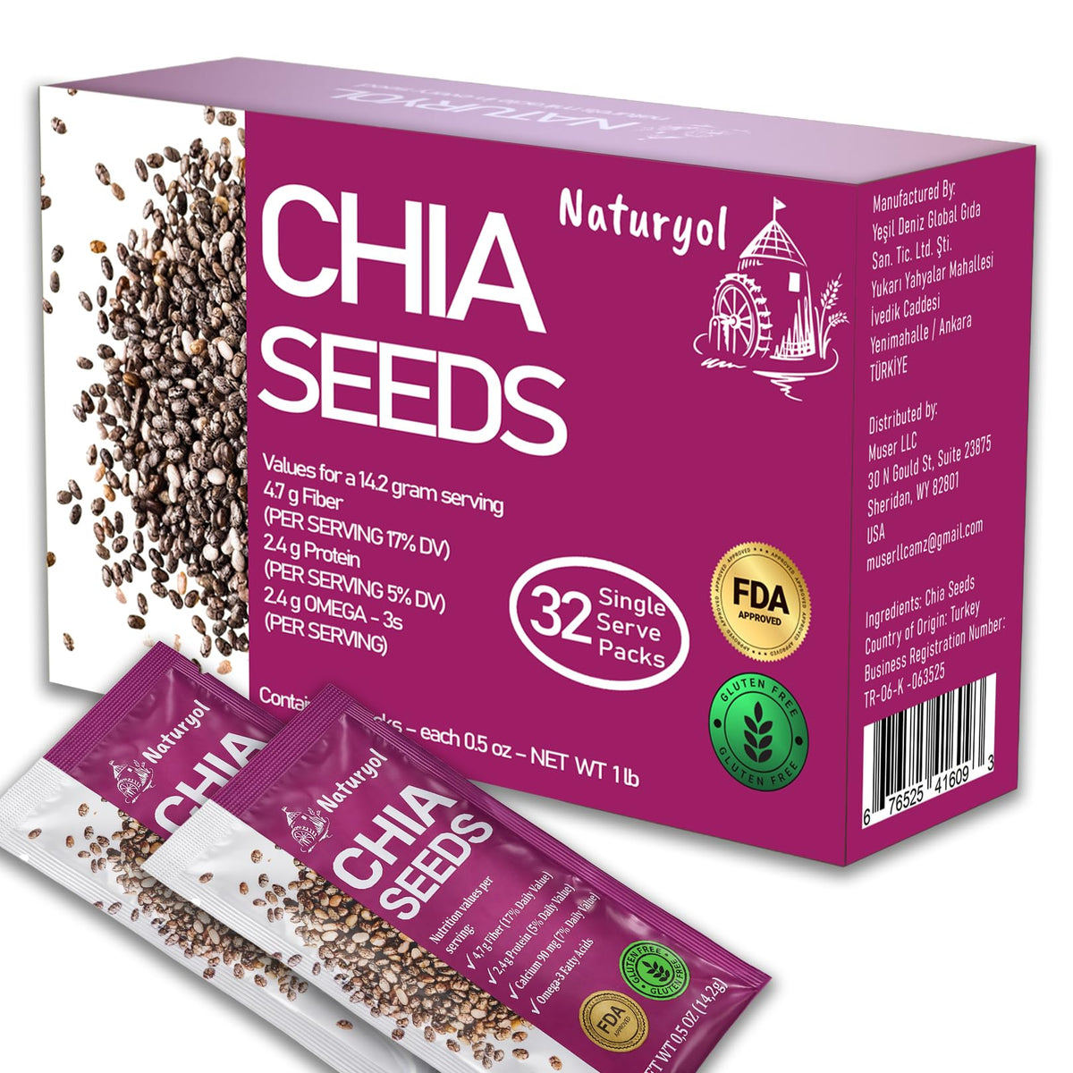 Naturyol Chia Seeds – Fiber-Rich Food for Salad Mixes, Gluten Free, Keto Friendly, Chia Seeds Travel Packets, Salad Toppings & Keto Food, Rich in Omega-3, Non-GMO, 1 lb (0.5 oz Pack of 32)