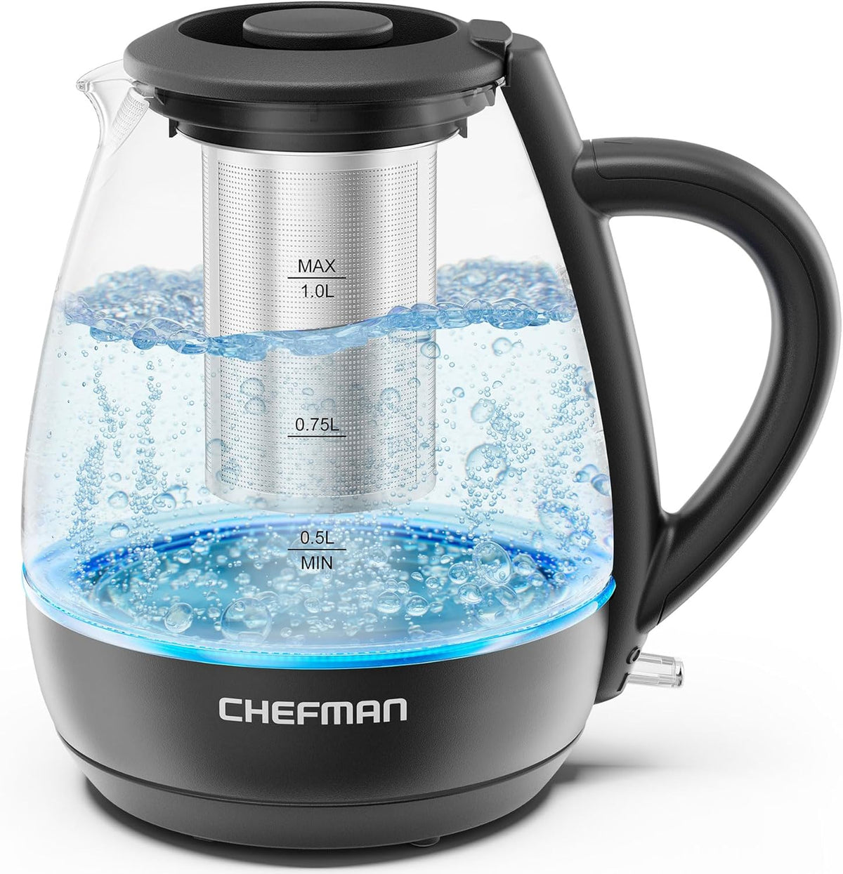Chefman Electric Kettle with Tea Infuser, Compact 1L (4 Cups), 1500W, Removable Lid for Easy Cleaning, Boil-Dry Protection, Stainless Steel Filter