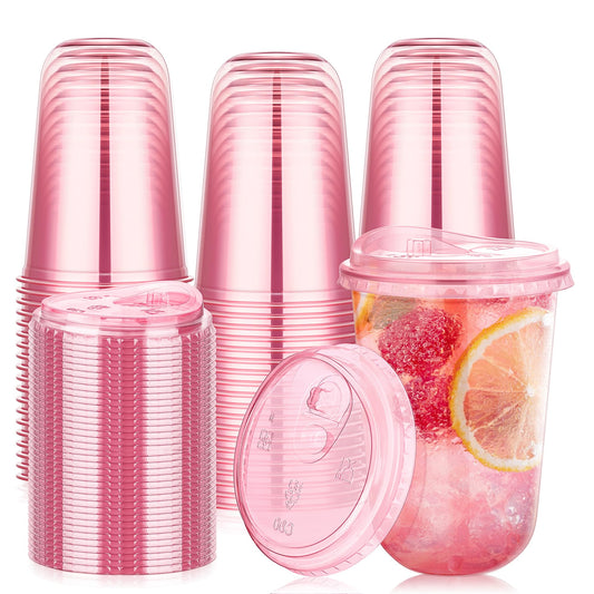 KesaPlan 50 Pack 16 oz Pink Plastic Party Cups with Sip Lids, Disposable Iced Coffee Cup with Lid, Round Bottom Stemless Glasses Drinking Cups for Valentine's Galentine's Bachelorette Party Holiday