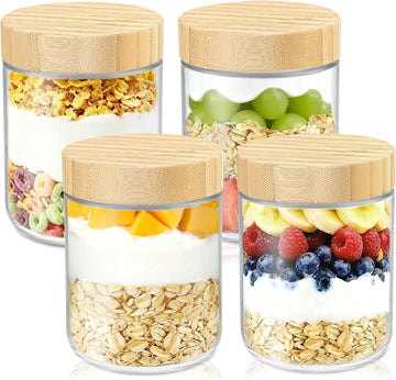 DRKIO 16 Oz Overnight Oats Containers with Bamboo Lids - 4 Pack Glass Storage Jars with Airtight Lids Wide Mouth Mason Food Jars Great