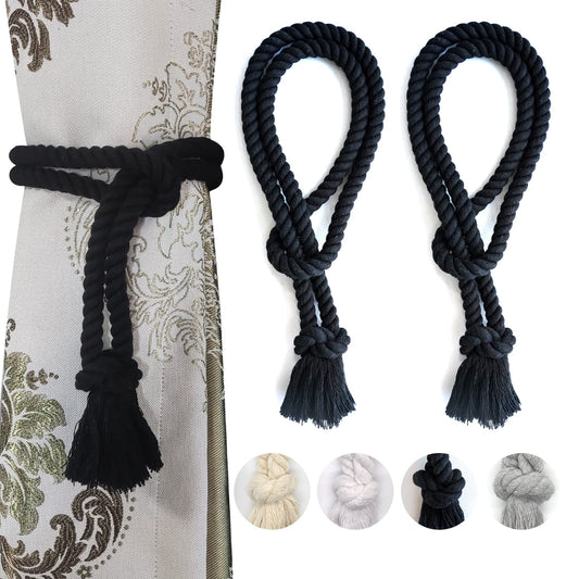 2 Pack Curtain tiebacks Rope, Outdoor Curtain Tiebacks, Natural Cotton Curtain Ties, Village Rural Rustic Farmhouse Curtain Holdbacks Curtain tie Backs Holders for Heavy Duty Drapes, Black