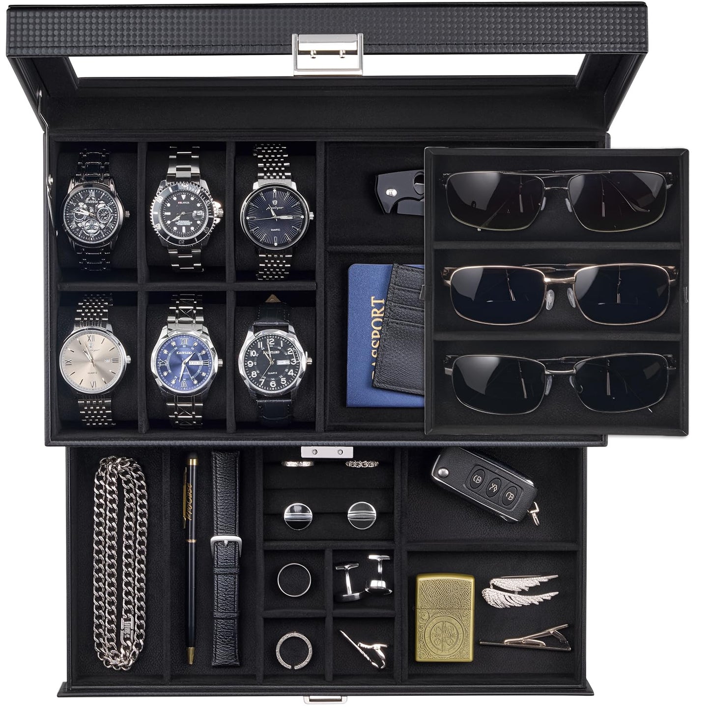 ProCase Mens Jewelry Box, Lockable 6 Slot Watch Case & 3 Slot Sunglasses Organizer, 2-layer Mens Jewelry Organizer Watch Box for Men, Watches Holder Display Storage, Fathers Day Gift -AllBlack