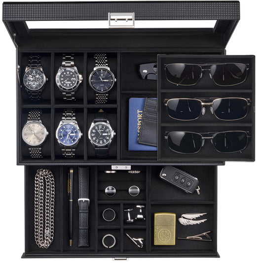 ProCase Mens Jewelry Box, Lockable 6 Slot Watch Case & 3 Slot Sunglasses Organizer, 2-layer Mens Jewelry Organizer Watch Box for Men, Watches Holder Display Storage, Fathers Day Gift -AllBlack