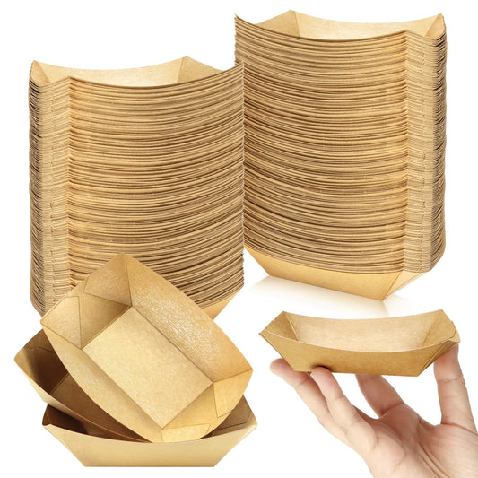 Oomcu 200 Pack 1/4 lb Disposable Kraft Brown Paper Food Boats Nacho Trays - Hotdog Trays Bulk Small Serving Trays for Party Snacks, French Fries,Tacos, BBQ, Hot Dogs, Food Trucks Supplies