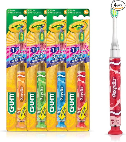 GUM Crayola Timer Light Kids Toothbrush, Soft-Bristled Toothbrush with Suction Cup Base for Ages 3+, 1 Count (Pack of 4)