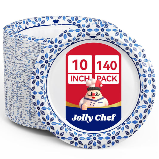JOLLY CHEF 10 inch Disposable Paper Plates 140 Count, Soak Proof, Cut Proof, Heavy Duty Paper Plates for Everyday Use