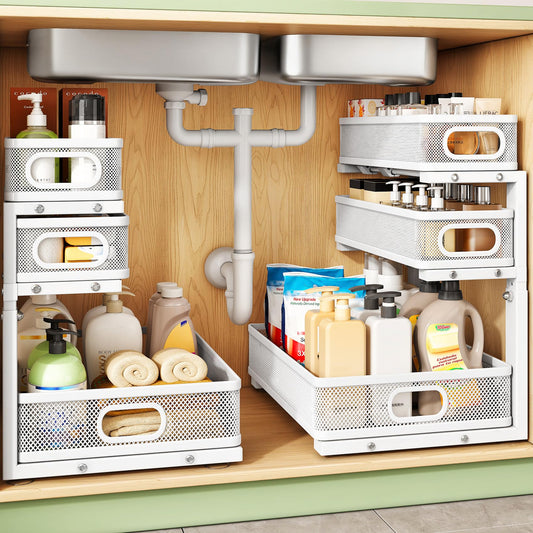 Kitstorack Under Sink Organizer, 2-Pack 3-Tier Height Adjustable Thickened Metal Pull out Cabinet Organizer Shelf