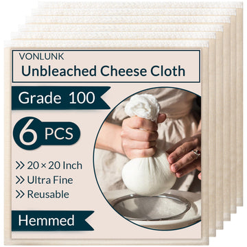 6-Pack Beige Cheesecloth, 20x20 Inch Hemmed Cheese Cloth for Straining, Reusable Unbleached Cotton Strainer for Cooking, Baking, Juicing