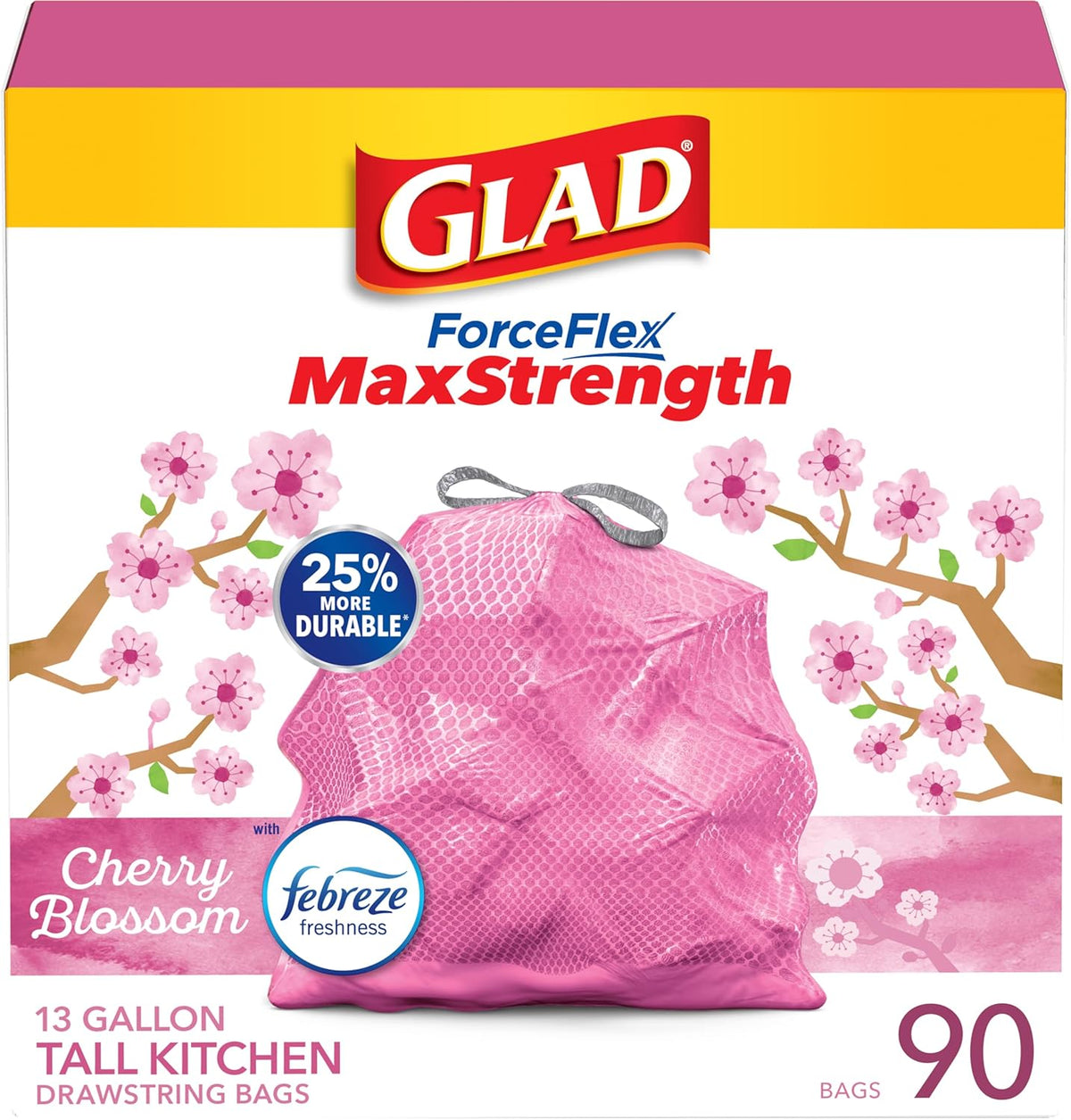 Glad Tall Kitchen Trash Bags 13 Gallon, MaxStrength Cherry Blossom Garbage Bags, Drawstring, 90 Count