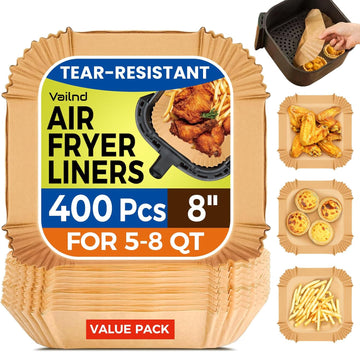 400 Pcs Air Fryer Liners Disposable, 8" Square Heavy-Duty Parchment Paper for 5-8 qt Airfryer Basket, Non-Stick & Grease-Proof Baking Liner