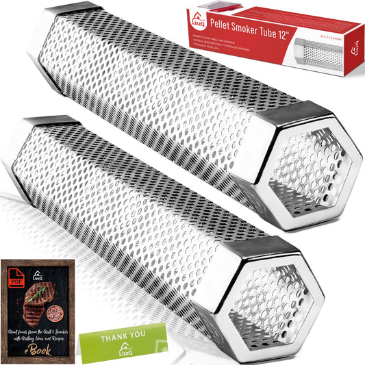 LIZZQ Premium Pellet Smoker Tube 12" (Set of 2) - 5 Hours of Billowing Smoke, Hot or Cold Smoking, for Any Grill or Smoker, An Easy and Safe Way to Provide Smoking, Free eBook Grilling Ideas & Recipes