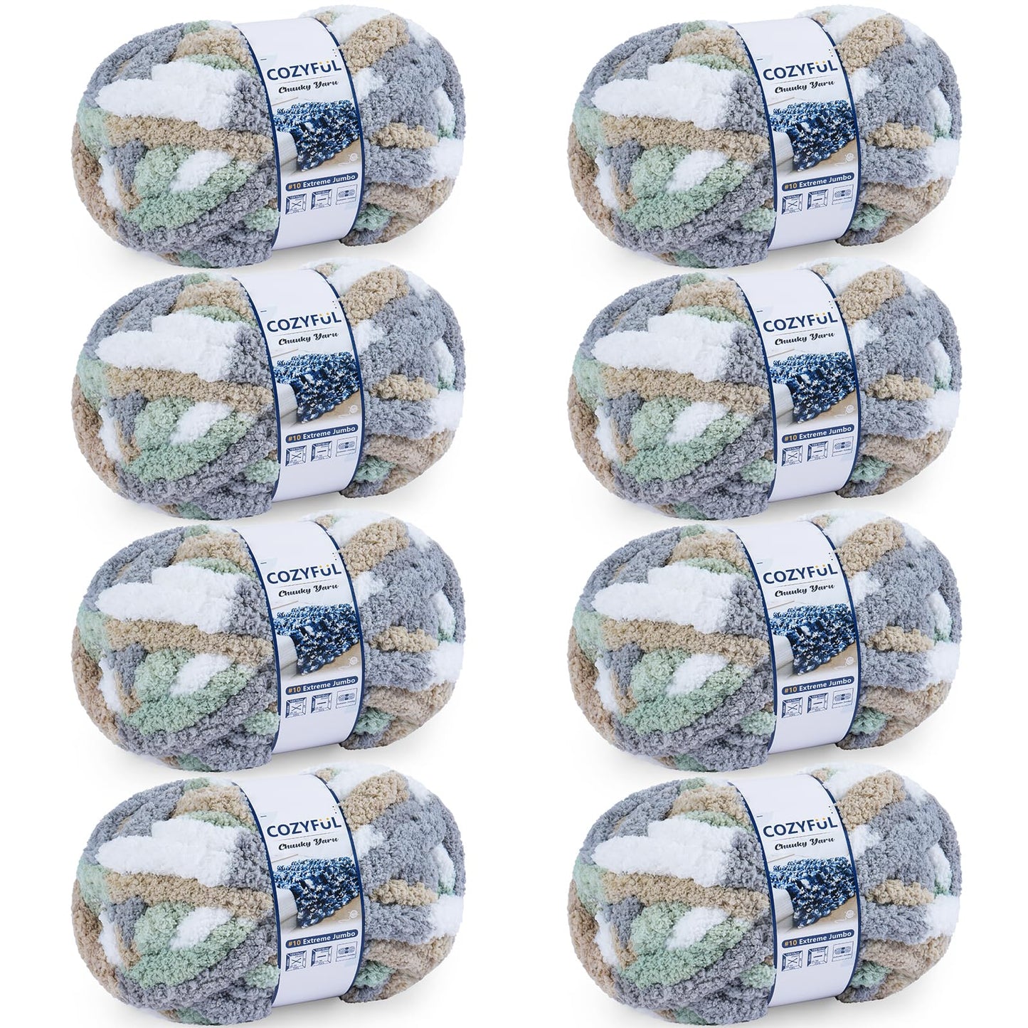 Cozyful Chunky Yarn for Hand Knitting - #10 Chunky Chenille Blanket Yarn, Jumbo Big Thick Chunky Yarns for Crocheting, Tie Dye Bulky Knit Yarns, 8 Skein (20 yds 8 oz Each Skein), Cream&Sage&Grey&Khaki