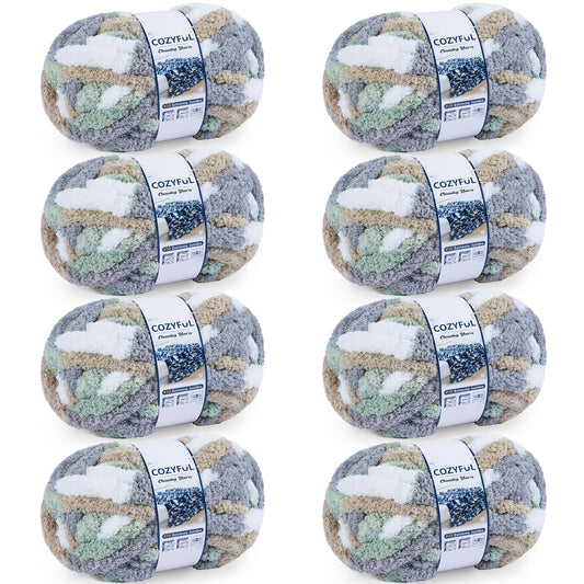 Cozyful Chunky Yarn for Hand Knitting - #10 Chunky Chenille Blanket Yarn, Jumbo Big Thick Chunky Yarns for Crocheting, Tie Dye Bulky Knit Yarns, 8 Skein (20 yds 8 oz Each Skein), Cream&Sage&Grey&Khaki