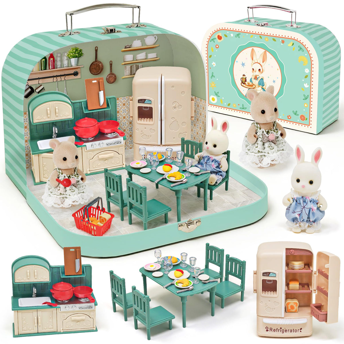 Dollhouse Kitchen Furniture Suitcase Set for Kids, 2 Flexible Dolls/Dining Tble/Kitchenware/Tableware/Refrigerator/Bread, Pretend Play Dollhouse