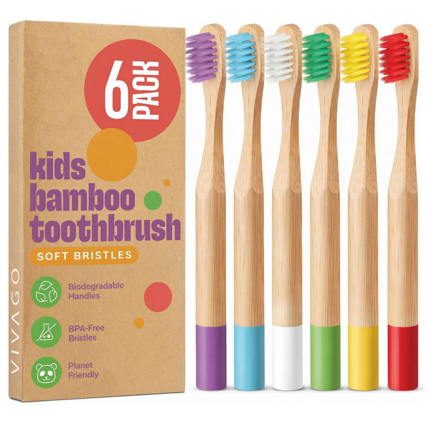 VIVAGO Kids Toothbrush with Soft Bristles 6 Pack - Toddler Toothbrush with Colorful Bamboo Handles // Kids Bamboo Toothbrushes // Kid Tooth Brush // Childrens Toothbrushes Set