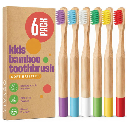 VIVAGO Kids Toothbrush with Soft Bristles 6 Pack - Toddler Toothbrush with Colorful Bamboo Handles // Kids Bamboo Toothbrushes // Kid Tooth Brush // Childrens Toothbrushes Set