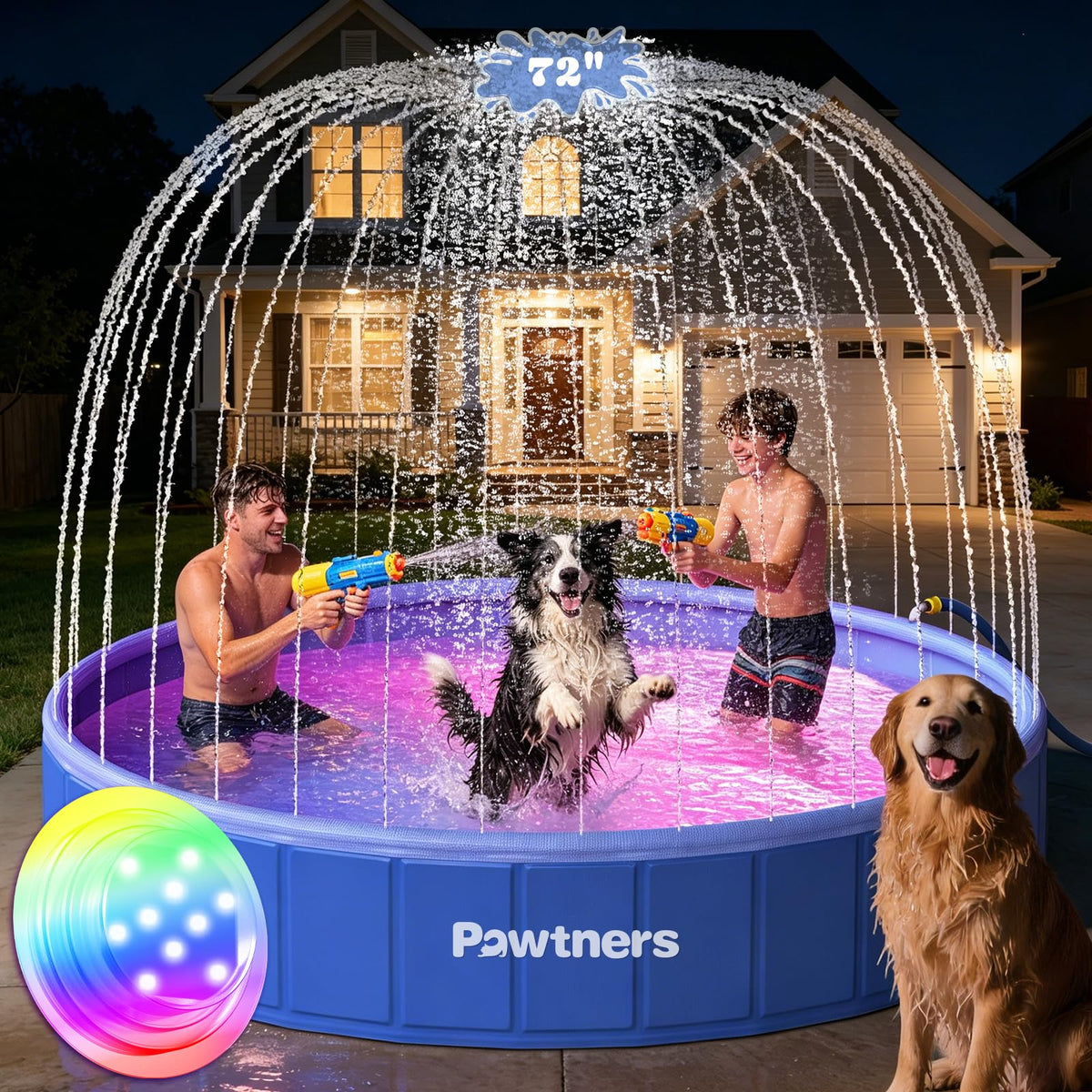 Pawtners Foldable Dog Pool with Sprinkler & RGB LED Light, 72" Collapsible Hard Plastic Swimming Pool for Small Large Dogs Cats and Kids, Portable Pet Bathing Tub Wading Pool for Backyard Camping Blue