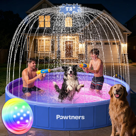 Pawtners Foldable Dog Pool with Sprinkler & RGB LED Light, 72" Collapsible Hard Plastic Swimming Pool for Small Large Dogs Cats and Kids, Portable Pet Bathing Tub Wading Pool for Backyard Camping Blue