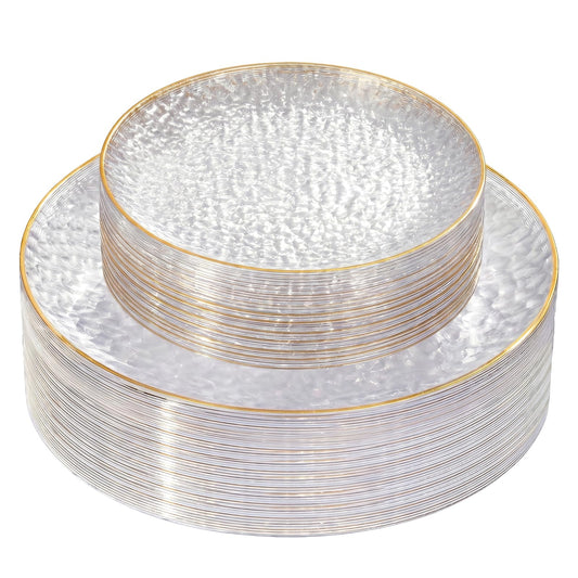 Rubtlamp 60Pcs Clear Plastic Plates,Clear Disposable Plates With Gold Rim,Heavy-duty Gold Plates,Hammered Party Plates Include 30Clear Dessert-Platos,30Dinner-Platos for Wedding, Party