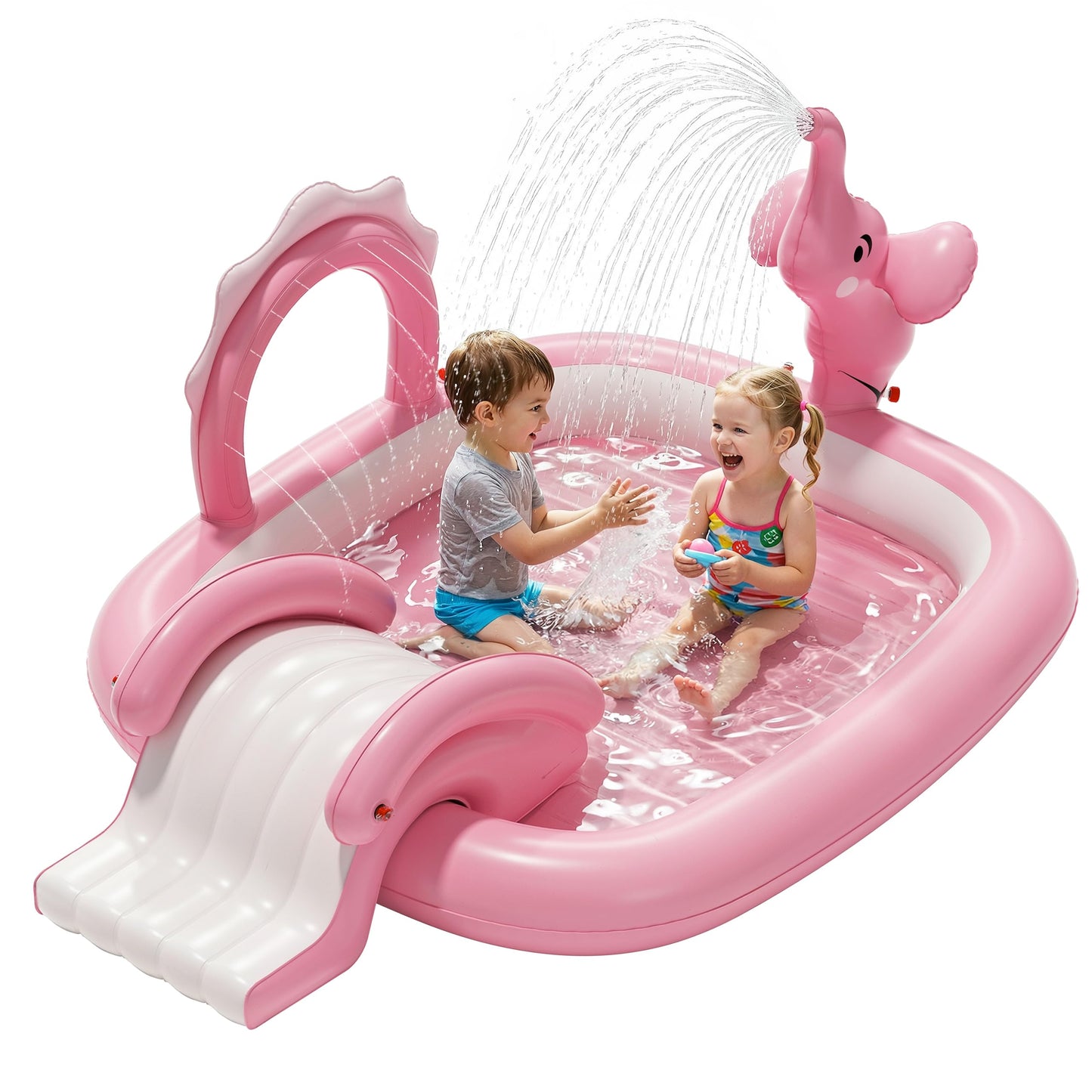 QPAU Elephant Kids Pool with Slide and Sprinkler, Inflatable Play Center with 4 Rings, 72 × 64 × 37 in, Fast Inflation Kiddie Pool for Garden & Backyard, Birthday Gift for Ages 1+ (Pink)