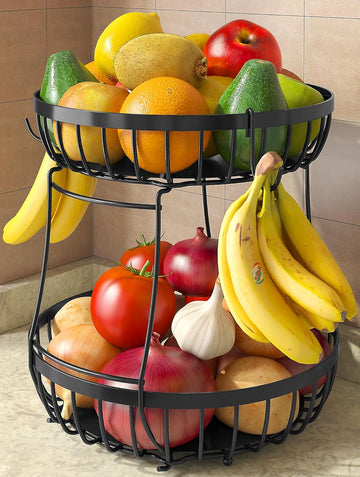 Sevenblue 2 Tier Large Fruit Basket for Kitchen Counter with 2 Banana Hangers, Metal Stackable Fruit Bowl for Kitchen Counter