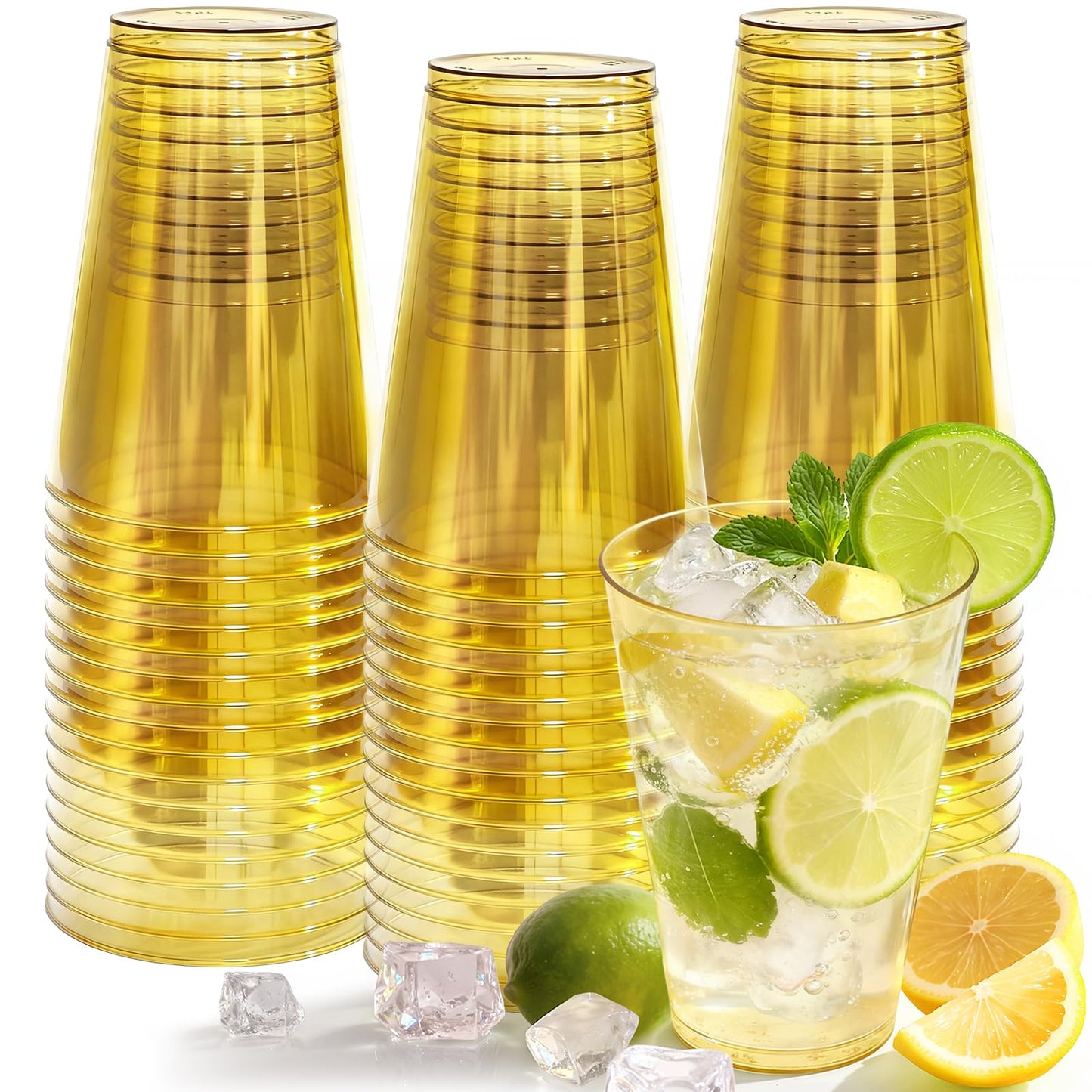 12 oz Clear Plastic Cups Disposable Gold Plastic Cocktail Glasses 50 Pack Drinking Disposable Wine Cups for Party Birthday Wedding Graduation