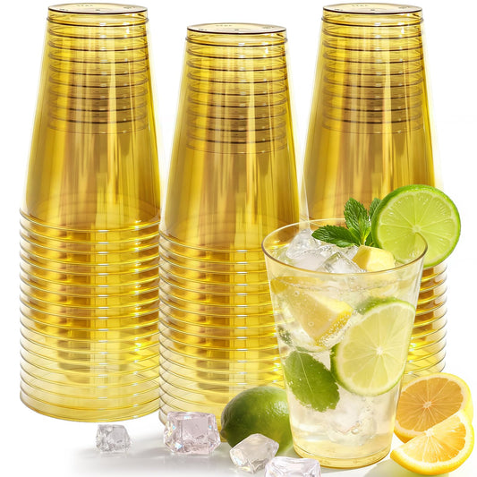 12 oz Clear Plastic Cups Disposable Gold Plastic Cocktail Glasses 50 Pack Drinking Disposable Wine Cups for Party Birthday Wedding Graduation