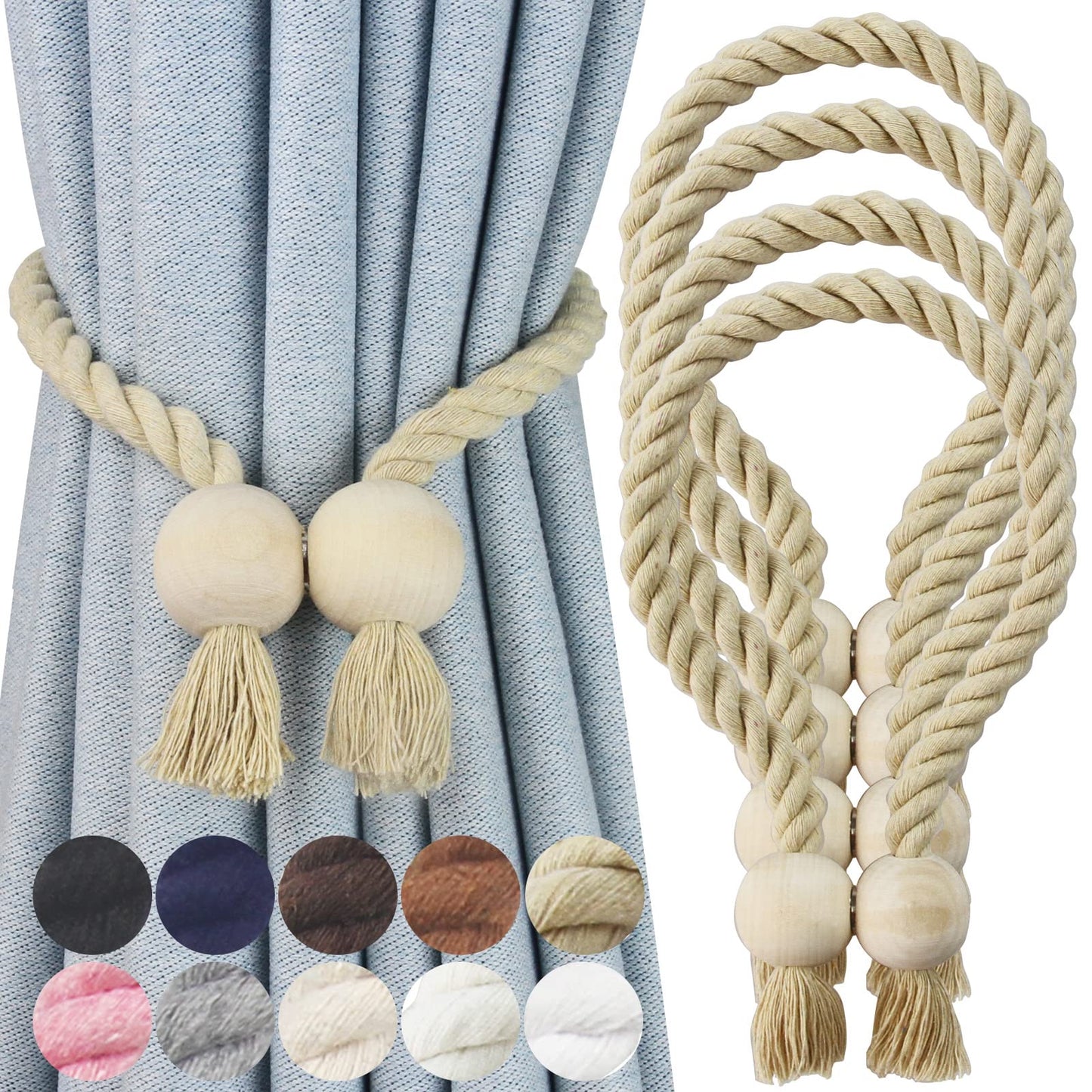 4 Pack Magnetic Curtain Tiebacks Cotton Hand Woven Tie Back Decorative Rope Holdbacks for Curtains Draperies No Tools Required, Dark Beige