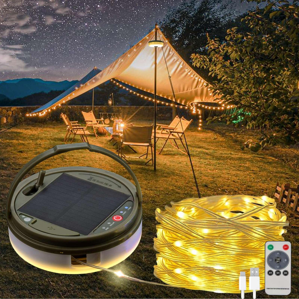Solar Camping String Lights, 4 in 1 Remote 39.4 FT Christmas Fairy Lights