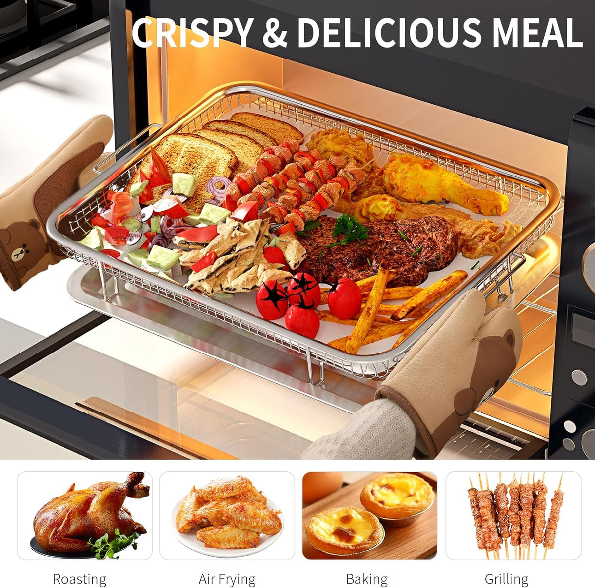 Air Fryer Basket for Oven, OPENICE 15.3" x 11.0" Large Air Fryer Tray and Pan with 30PCS Parchment Papers, Stainless Steel Oven Air Fryer Basket and Tray for Baking Grilling