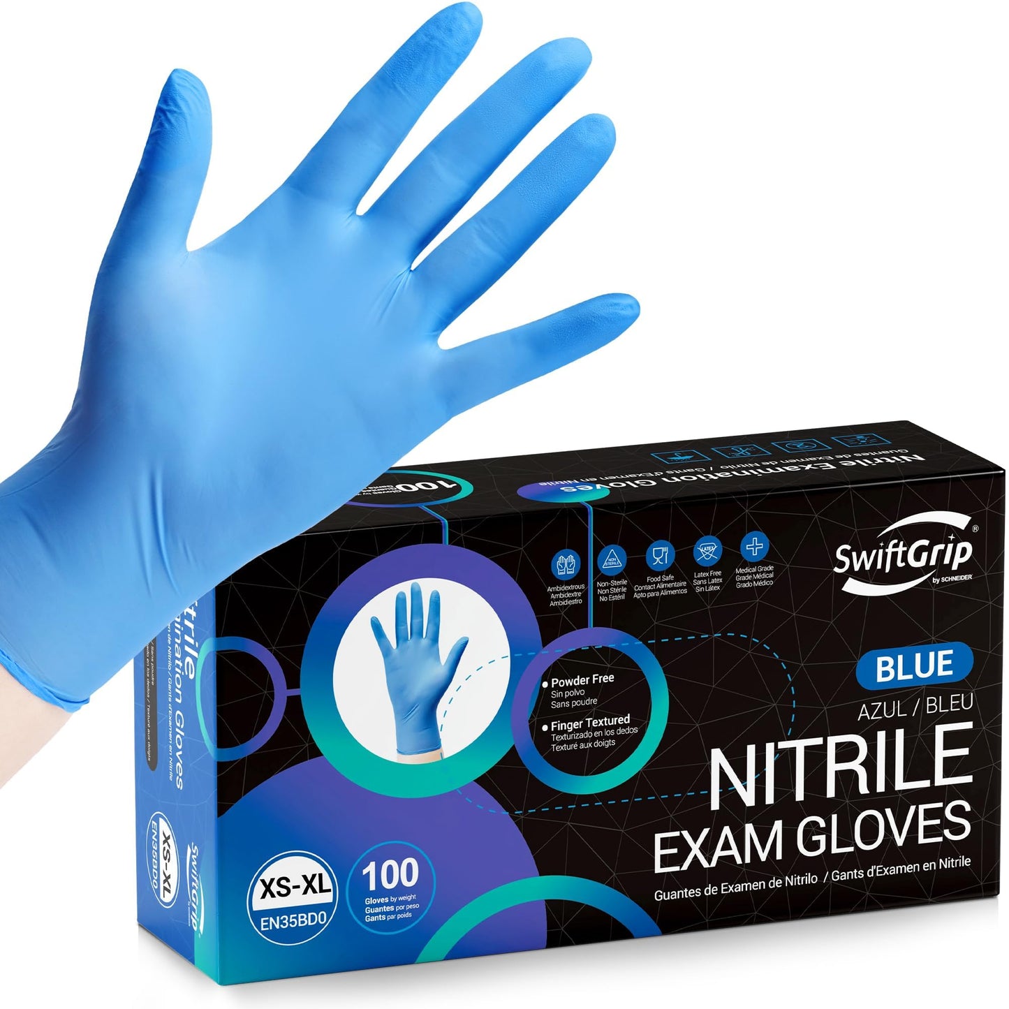 SwiftGrip Disposable Nitrile Exam Gloves, Blue, Nitrile Gloves Disposable Latex Free, Medical Gloves, Cleaning Gloves, Food-Safe Rubber Gloves, Powder Free, Non-Sterile, 100-ct Box (Large)