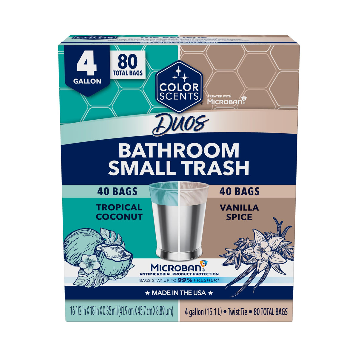 Color Scents Small Trash Bags - 4 Gallon, 80 Total Bags (2 Rolls of 40 Count), Twist Tie – Duos (2 unique scent + color combinations) with Microban