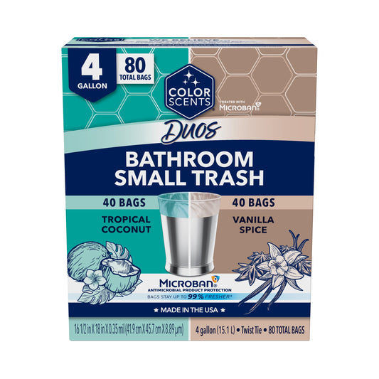 Color Scents Small Trash Bags - 4 Gallon, 80 Total Bags (2 Rolls of 40 Count), Twist Tie – Duos (2 unique scent + color combinations) with Microban