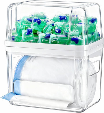 Trash Bag Dispenser Dishwasher Pod Organizer, 3 in 1 Grocery Garbage Bags Holder Storage Box Clear Laundry Room Pods Dishwasher Tab Cleaner Tablets