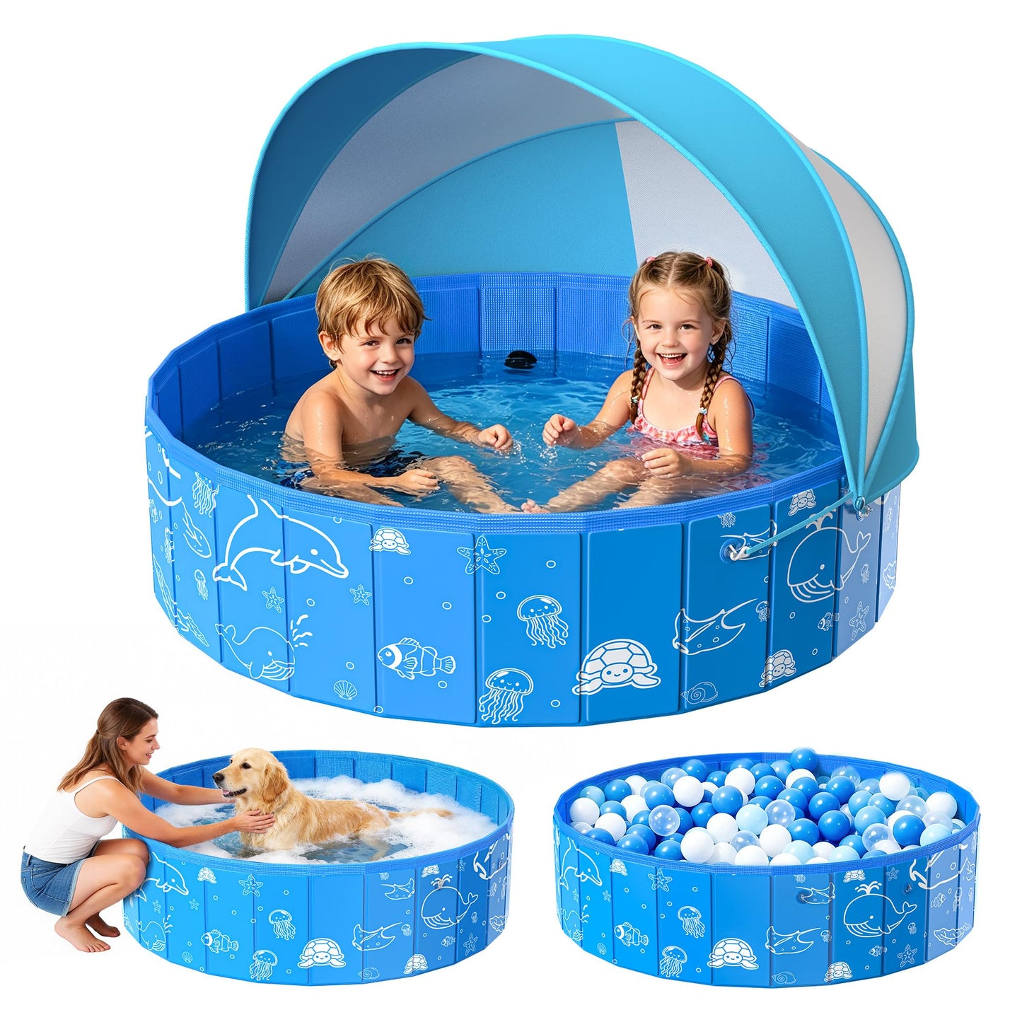 Kiddie Pool with Canopy, 48" Foldable Kids Baby Pool for Toddlers, Portable Small Swimming Pool Hard Plastic with Shade & Carry Bag for Beach Backyard Water Play