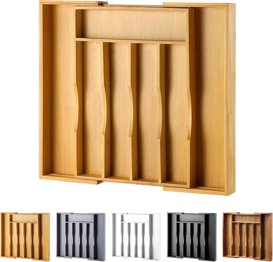 Expandable Bamboo Kitchen Drawer Organizer for Cutlery and Utensils, Adjustable Bamboo Wood Cutlery Tray in Drawer