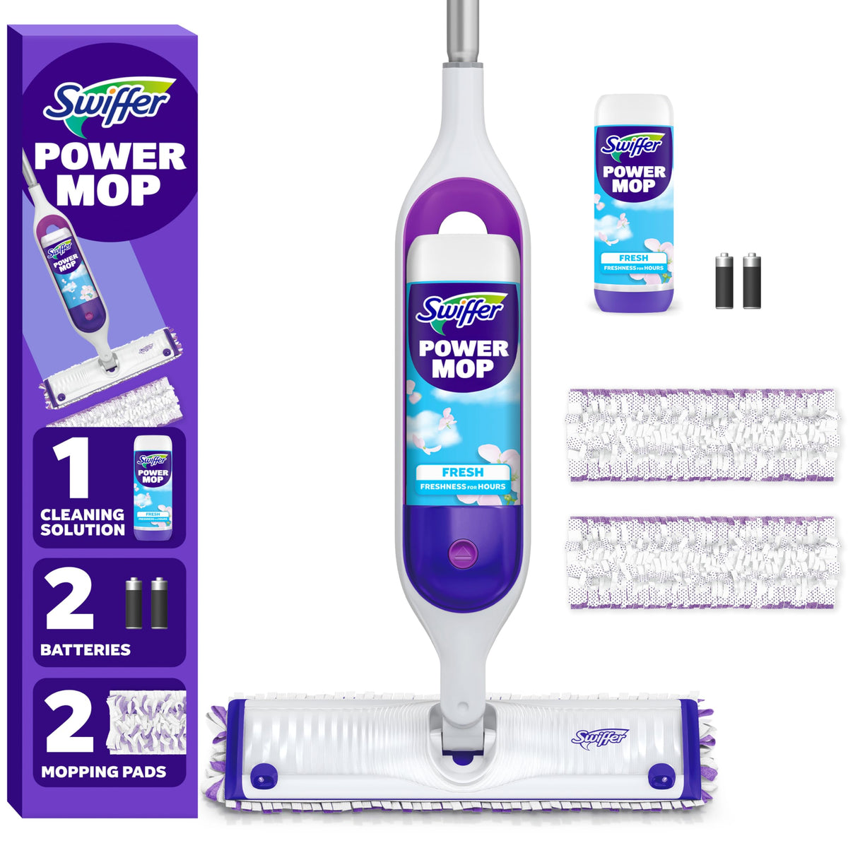 Swiffer PowerMop Mopping Kit for Floor Cleaning, Set Includes 1 Power Mop, 2 Replacement Pads, 1 Liquid Solution Refill, 2 Batteries, No Bucket Needed Electric Spray Cleaner, Multi-Surface and Wood