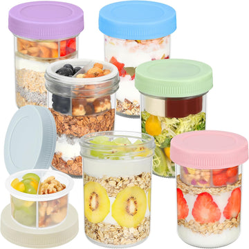 16 oz Overnight Oats Containers with Airtight Lids - 6-Pack Leak-Proof Wide Mouth Mason Jars & Divided Cups for Dried and Wet Foods, Glass Jars