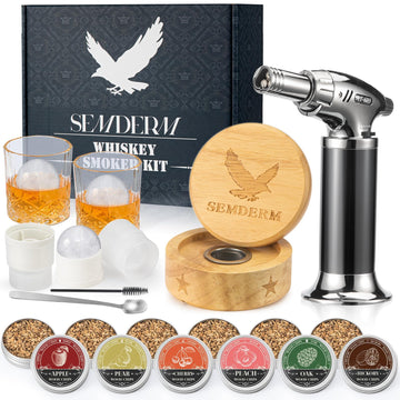 Bourbon Whiskey Smoker Kit with Torch - Old Fashioned Cocktail Smoker Kit with 2 Whiskey Glasses, 6 Wood Chips