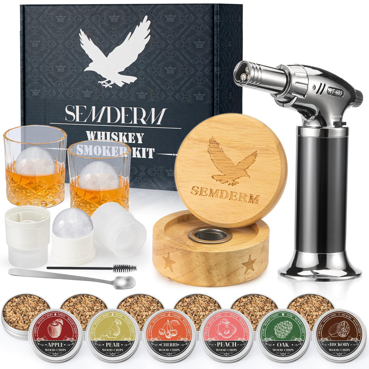 Bourbon Whiskey Smoker Kit with Torch - Old Fashioned Cocktail Smoker Kit with 2 Whiskey Glasses, 6 Wood Chips
