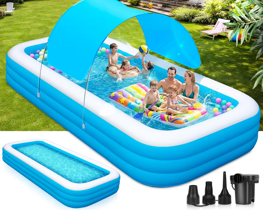 Extra Large Inflatable Pool for Adults and Kids, 145" x 74" x 22" Blow Up Pool for Family, Oversized Inflatable Pools with Canopy & Pump, Large Inflatable Swimming Pool for Backyard Outdoor
