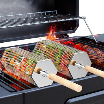 Rolling Grill Basket, Removable Wooden Handle, 304 Stainless Steel, Nesting Grilling Tools, Smoker BBQ Accessories for Vegetable