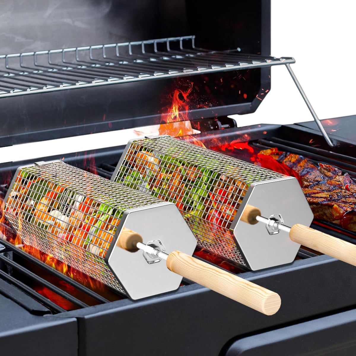 Rolling Grill Basket, Removable Wooden Handle, 304 Stainless Steel, Nesting Grilling Tools, Smoker BBQ Accessories for Vegetable, Outdoor Cooking Camping, Birthday Gifts for Men Dad Husband