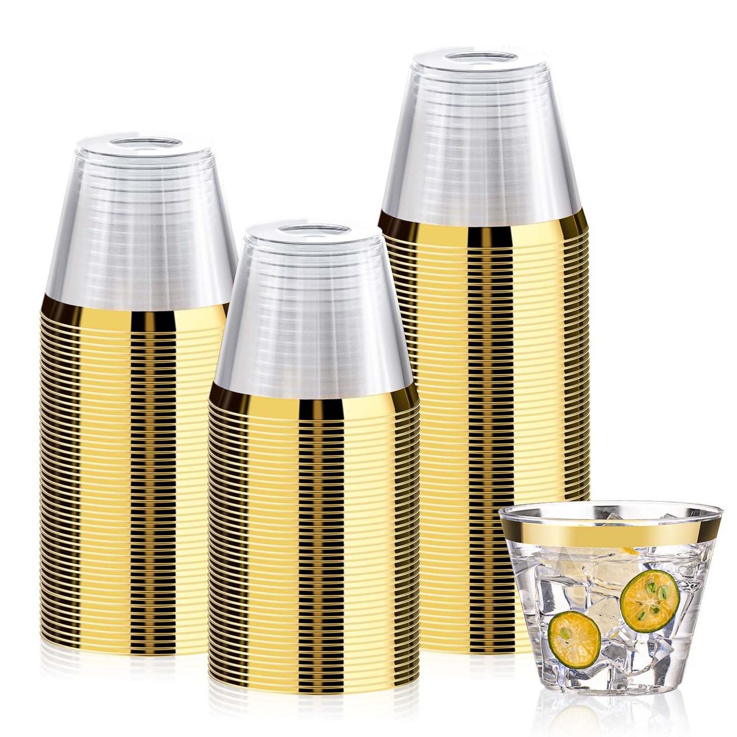 Bestluck 100 Pack 9 oz Gold Plastic Cups, Clear Disposable Cups with Gold Rim, Plastic Cocktail Glasses for Party & Graduation & Wedding
