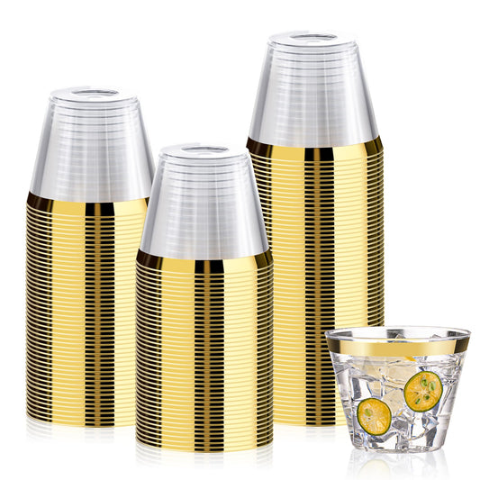 Bestluck 100 Pack 9 oz Gold Plastic Cups, Clear Disposable Cups with Gold Rim, Plastic Cocktail Glasses for Party & Graduation & Wedding