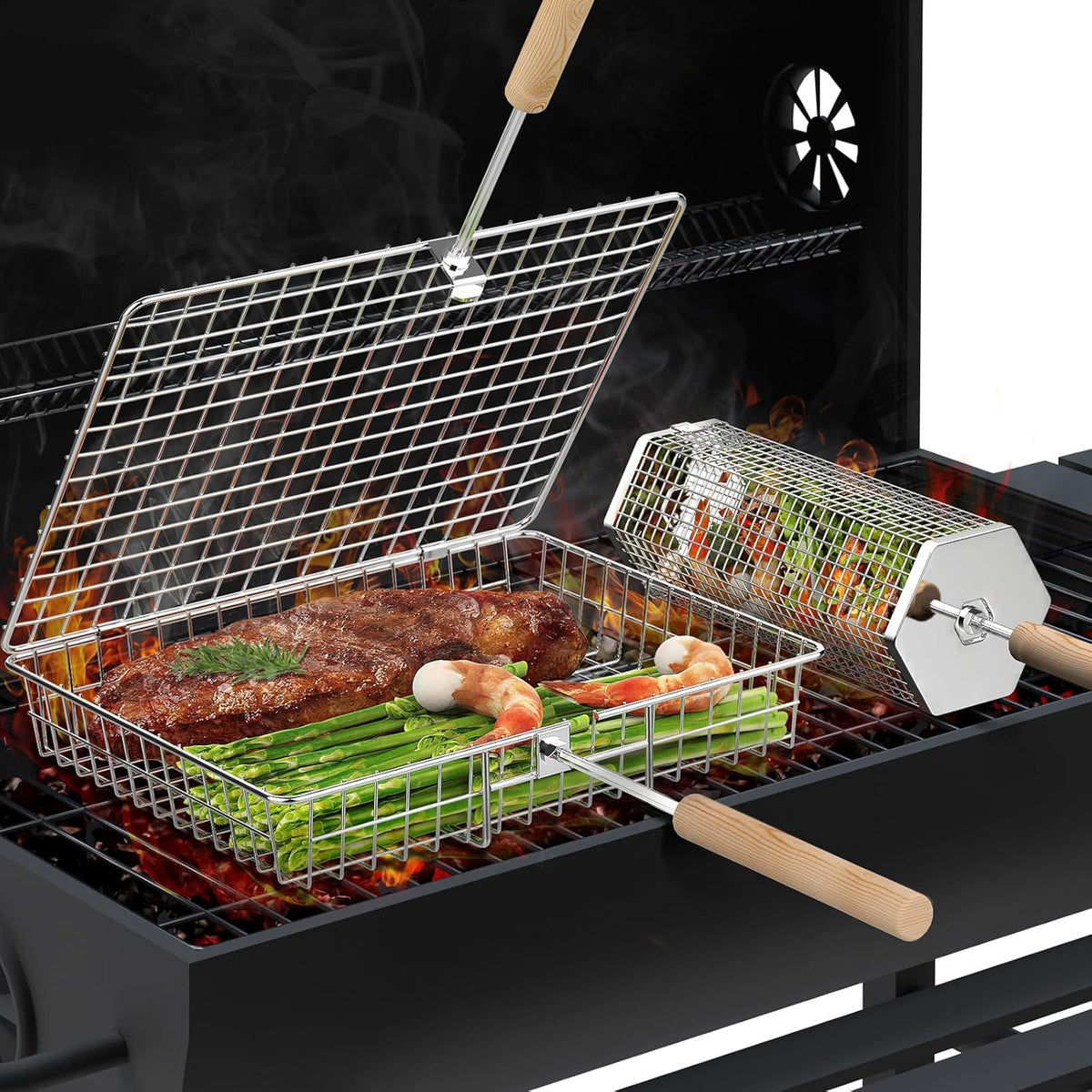 ivtivfu Grill Basket Set, Removable Wooden Handle, 304 Stainless Steel, Rolling BBQ Tools, Smoker Grilling Accessories for Vegetable Fish, Outdoor Cooking Camping, Birthday Gifts for Men Dad Husband