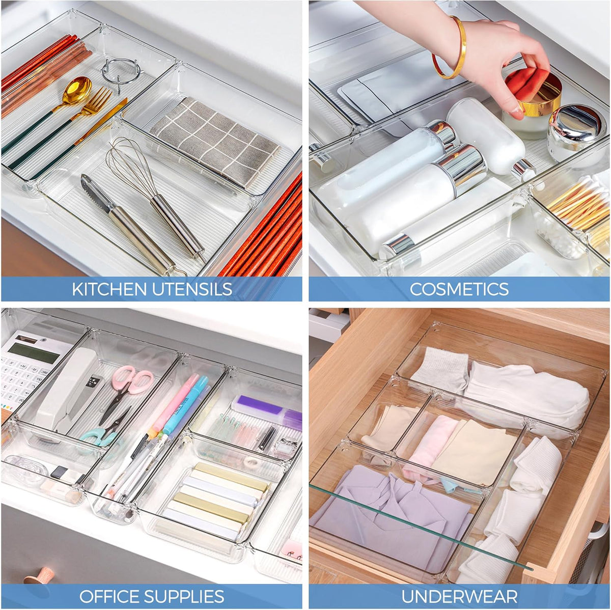 Ravinte 6 Pack Drawer Organizer - 6" X 9" Plastic Storage Bins, Acrylic Organizers with Non-Slip Pads Clear Desk Storage Tray for Makeup, Jewelries, Kitchen Utensils, Bathroom and Office